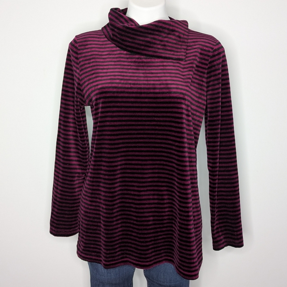 Talbots Purple Black Striped Velvet Button Accent Back Long Sleeve Top M